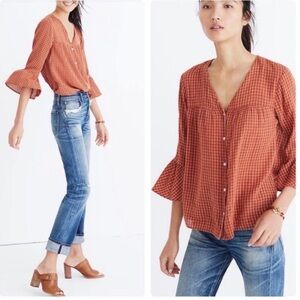 Madewell Women's Terracotta Checkered Blouse-great pre owned conditioned